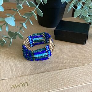 Avon 2011 True Paradise 3-Tone Blue Beaded Stretch Cuff Bracelet B-6